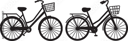 Black city bike silhouettes with step‑through frames, front baskets, and rear racks—perfect for logos, decals, signage, and web. 