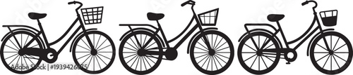 Black city bike silhouettes with step‑through frames, front baskets, and rear racks—perfect for logos, decals, signage, and web. 