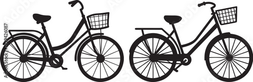 Black city bike silhouettes with step‑through frames, front baskets, and rear racks—perfect for logos, decals, signage, and web. 
