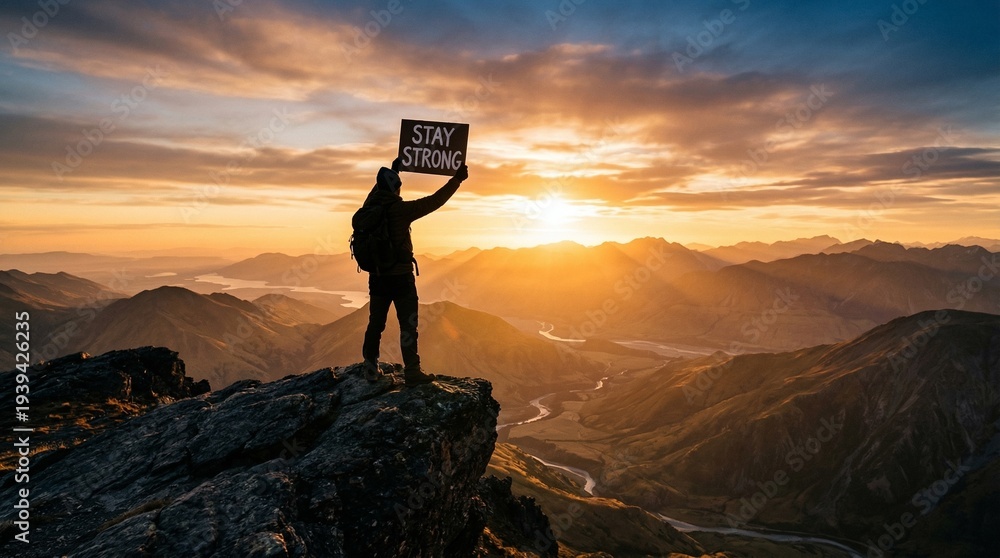 Obraz premium Silhouette of a triumphant hiker holding a sign on a rocky mountain peak at sunset with a breathtaking valley view.