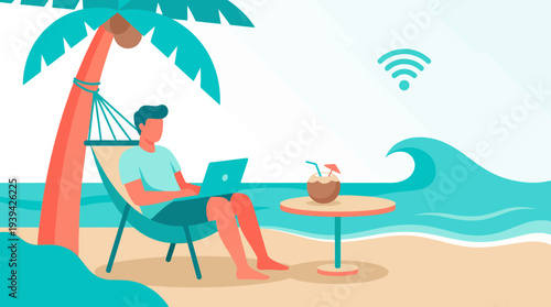 Relaxed professional working remotely on tropical beach, enjoying strong Wi-Fi and flexible lifestyle