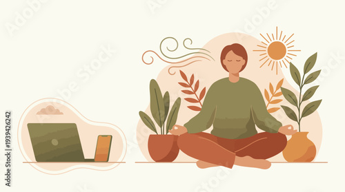 Peaceful person meditating with plants, laptop, and sun in calming illustration