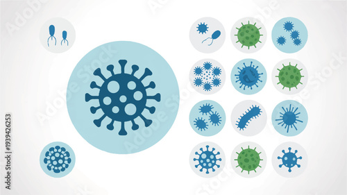 Collection of various virus and bacteria illustrations in blue and green colors