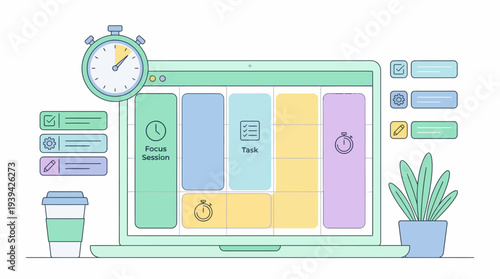 Optimizing Workflow Laptop Screen Illustrating Modern Task Management and Focus Sessions