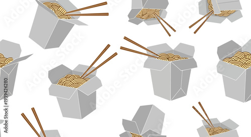 Asian Noodles Takeout Box Vector Food Pattern Seamless Background for Restaurant Design