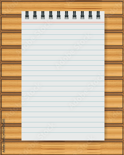 Notebook paper on a wooden background. Vector illustration
