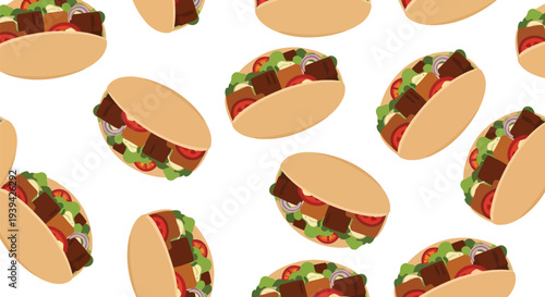 Seamless Shawarma Food Pattern Vector with Colorful Middle Eastern Sandwiches on White Background