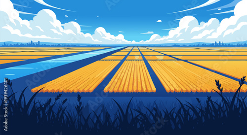 Vibrant Vector Illustration of a Sun-Drenched Rural Landscape with Golden Fields and Blue Sky