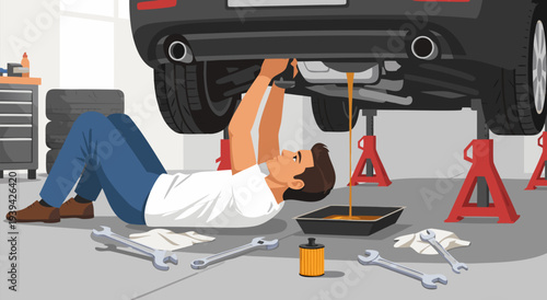 Vector illustration of a man changing the oil on a car, with tools and oil pan on the floor