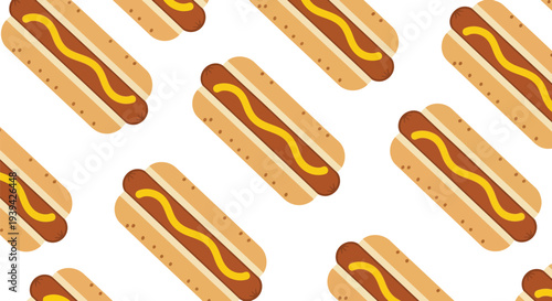 Hot Dog Food Pattern Vector Seamless Background with Mustard for Fast Food Design