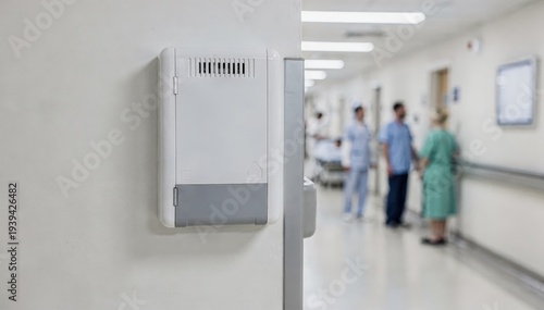 Inside a hospital corridor a medium shot focuses on a distributed antenna system panel with defocused medical staff and patients moving around.