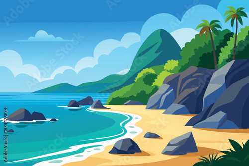 Tropical Beach Landscape with Mountains and Palm Trees