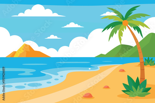 Tropical beach landscape with palm tree and ocean
