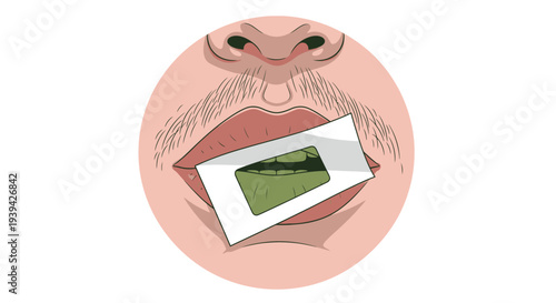 Man holding a small piece of paper with a green checkmark in his mouth.