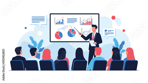 Professional businessman presenting detailed charts and analytics to an engaged audience in a modern seminar.