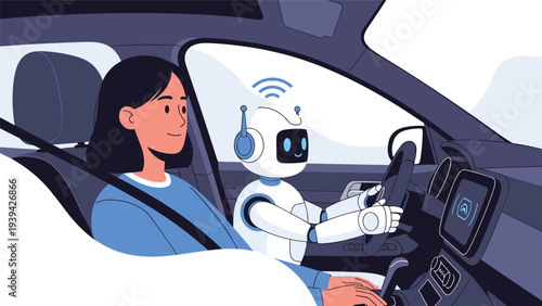 Futuristic scene with a smart robot driving a modern car while a woman passenger sits comfortably inside.