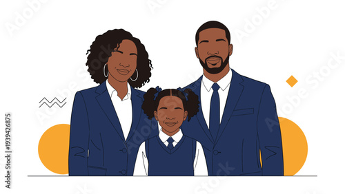Professional portrait of a beautiful Black family including a father, mother, and daughter in elegant suits.