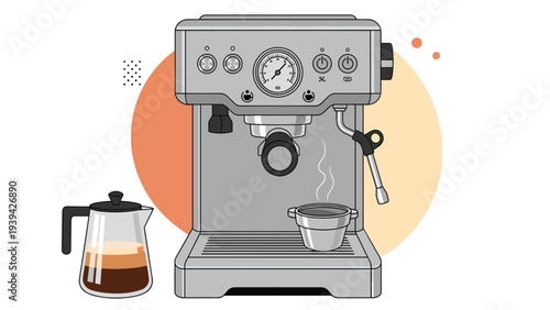 High-quality modern espresso machine with a coffee pot and freshly brewed cup of coffee on a warm background.