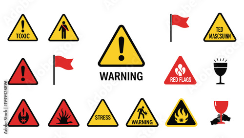Collection of warning signs and red flags representing toxic behavior, stress, and negative relationship patterns.