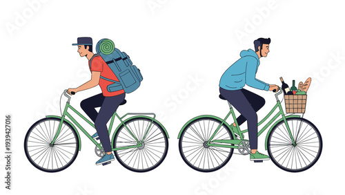 Two men riding bicycles, one with heavy camping gear and the other with a grocery basket, in an outdoor setting.