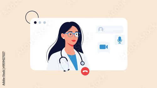Professional female doctor wearing a stethoscope on a video call screen for a remote medical consultation.