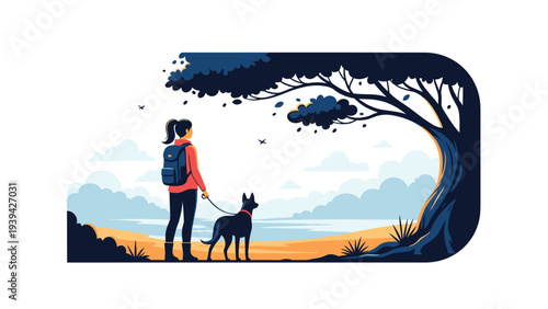 Young woman with a backpack walking her dog in a scenic park during autumn with falling leaves and a peaceful lake background.
