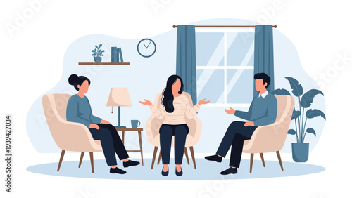 Mental health professional conducting a therapy session with a couple in a comfortable living room environment to improve communication.