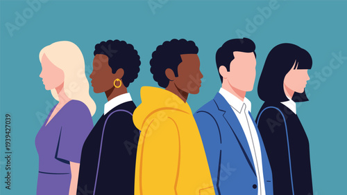 Group of diverse people standing in a row shown in profile view representing multiculturalism and inclusion in a modern society.