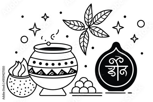 Indian Traditional Poojas Items Pot Sweets Leaves Symbols Line Art