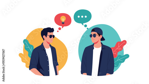 Two young men in sunglasses having a creative discussion with speech bubbles representing a new idea and ongoing conversation.