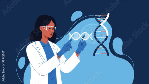 Professional female scientist in a lab coat studying and manipulating a digital DNA double helix structure.