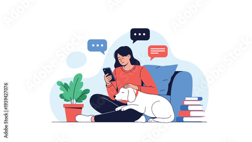 Young woman relaxing at home on the floor while using her smartphone and petting her white dog with notification icons floating above.