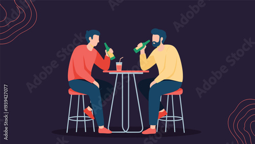 Two men sitting at a high bar table having drinks and a friendly conversation in a relaxed evening atmosphere.