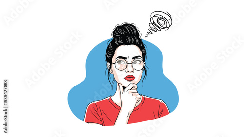 Focused young woman with glasses and a bun hairstyle looking away with a pensive expression while thinking through a complex problem.