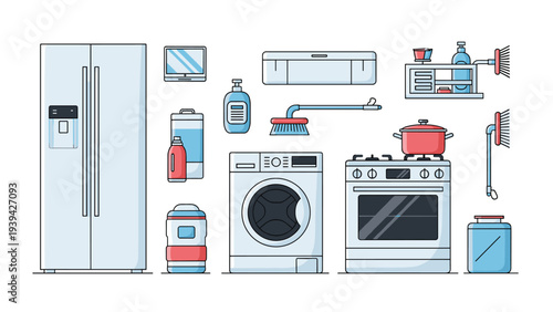 Comprehensive collection of essential household appliances including a refrigerator, stove, and washing machine with various cleaning tools.