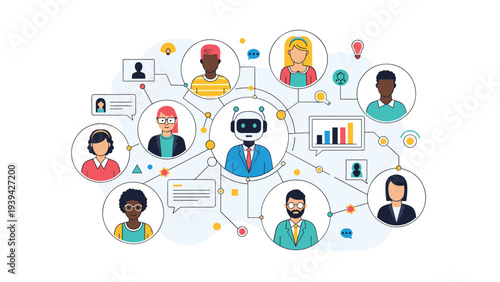 Robot chatbot positioned at the center of a diverse network of people representing artificial intelligence in communication and service.
