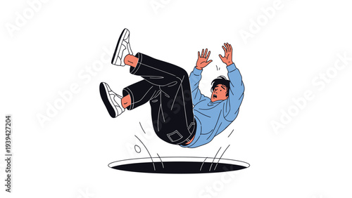 Scared young man in a blue sweatshirt falling backwards into a dark round hole on a plain white background representing a trap.