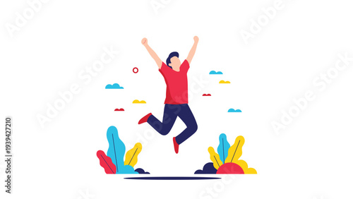 Happy young man in a red shirt jumping for joy among colorful plants and clouds celebrating success and positive emotions.