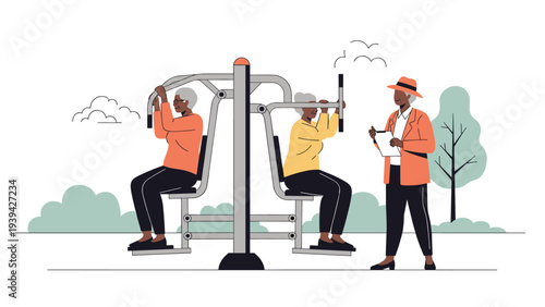 Group of active senior women using outdoor gym equipment in a park while being assisted by a professional female trainer.