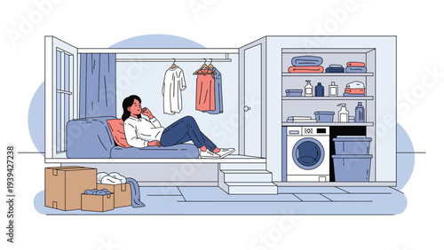 Comfortable scene of a woman relaxing on a sofa inside a modern laundry and storage room featuring a washing machine and organized shelves.