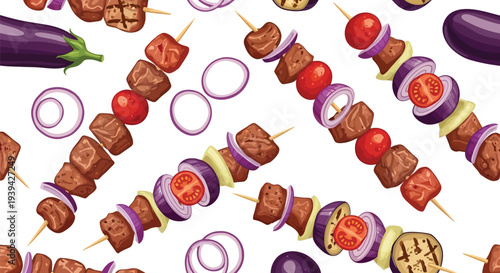 Seamless vector food pattern with grilled kebabs, eggplant, onion, and vegetables on white background