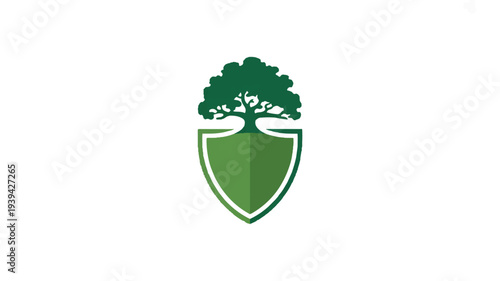 Green tree shield logo symbolizing eco protection and conservation