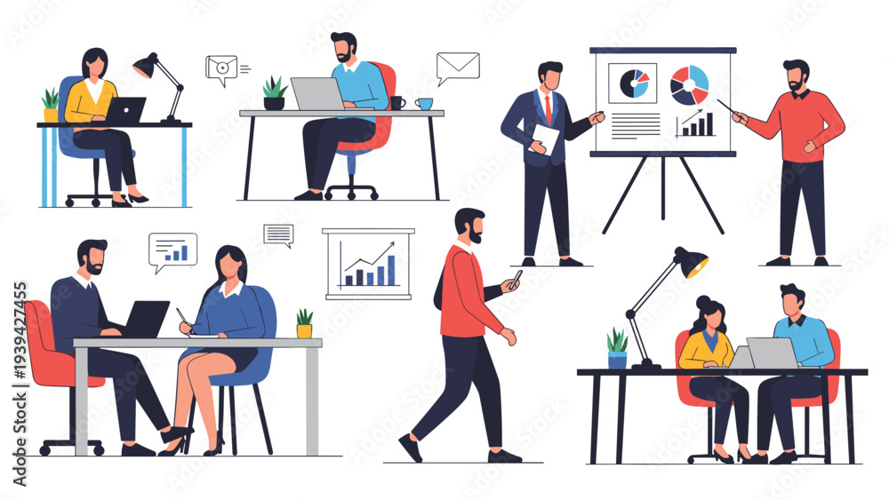 Fototapeta premium Diverse collection of office workers performing various tasks like typing, presenting data, and collaborating in a corporate setting.