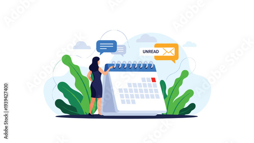 Businesswoman checks a desk calendar next to plants while managing unread email notifications and chat bubbles in a digital workspace.