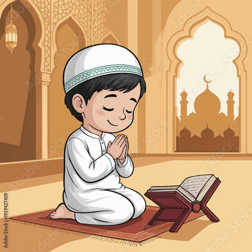 Cartoon illustration of a boy reading quran at a mosque for learning and education