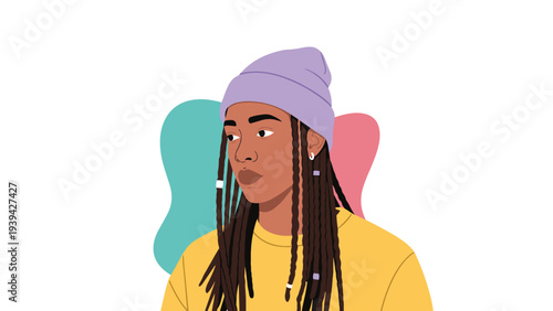 Portrait of a person with long dreadlocks and a purple beanie looking thoughtfully to the side against abstract colorful shapes.