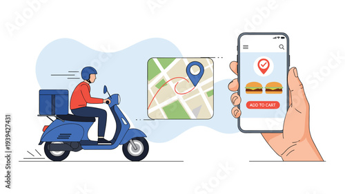 Delivery person on a blue scooter speeds toward a destination while a hand holds a smartphone showing a food delivery app and map.