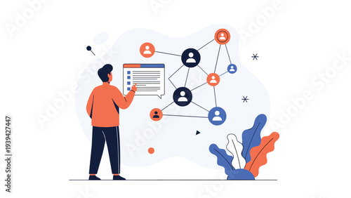 Professional man stands before a glowing digital network diagram showing connections between people and data in a virtual interface.
