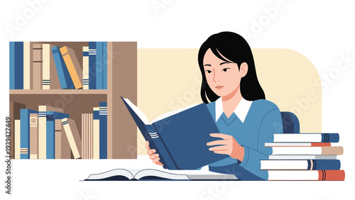 Young woman sits at her desk and reads a large book while surrounded by bookshelves and several stacks of books for her studies.