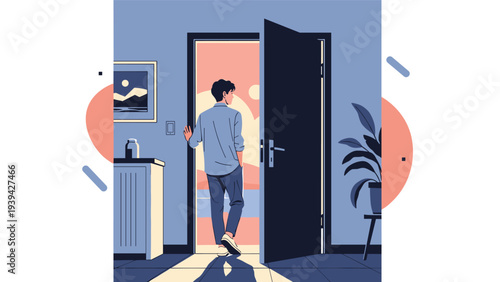 Man stands in a modern room and looks out through an open doorway at a beautiful sunset over the calm sea on the horizon.